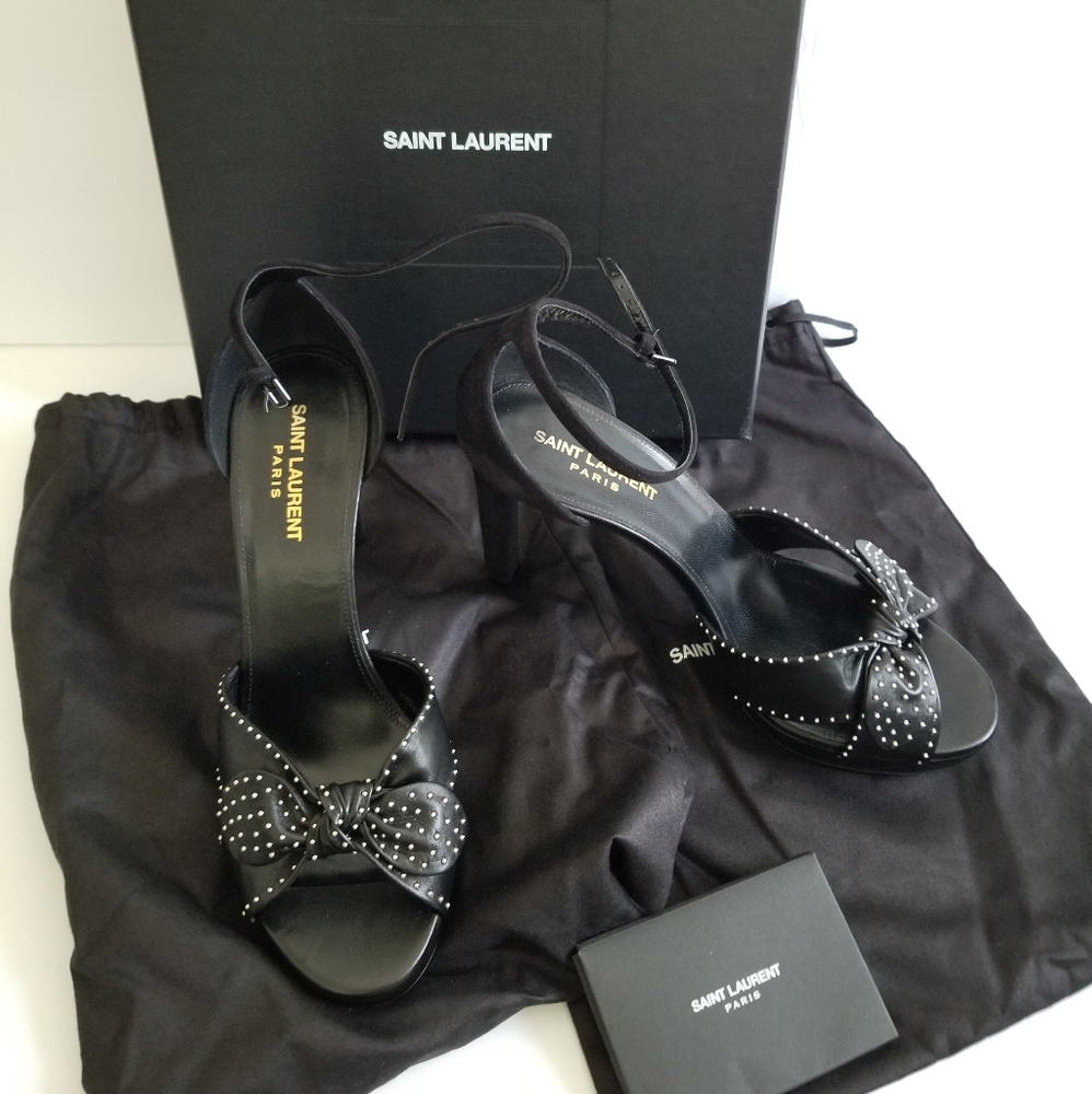 Saint Laurent Leather Metal Studded Platform Sandals Size 39.5 Black - Picture 3 of 15